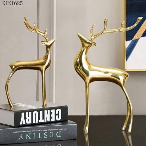 European-style Brass Golden Deer Sculpture Crafts Office Desktop Furnishings Luxury Animal Deer Figurines Home Decoration Modern