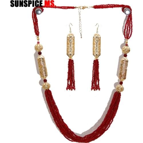 SUNSPICE-MS Fashion Engagement Wedding Jewelry Sets African Beads Bridal Long Necklace Tassels Dangle Earrings Dubai Gold Color