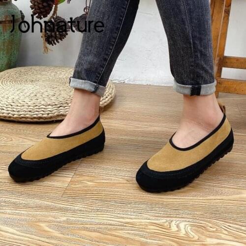 Johnature Flats Women Shoes Mixed Colors Genuine Leather Round Toe 2021 New Autumn Concise Handmade Shallow Leisure Ladies Shoes