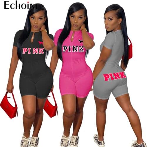 Echoine Women Sexy zipper Cotton PINK letter Print Bodycon fashion Summer Beach Party Playsuits Shortsleeve Short Pants Rompers