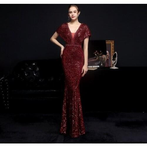 Beauty-Emily Women Evening Dresses Long Luxury Mermaid Dress Beads V-Neck Sequins Party Gowns 2021 robe de soirée de mariage