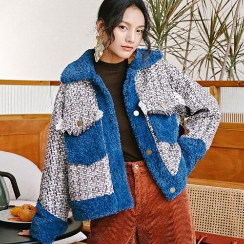 Winter Women High Quality faux lambswool Fur OverCoats Luxury short casual Thick Warm Plus Size female 2019 grey blue tweed
