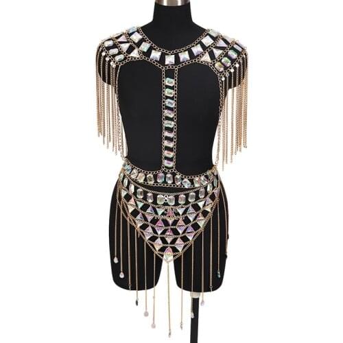 Gold Metal Chain Open Back Crystal Jewelry Dress Set Body Chain Bikini Luxury Multi-layer Fringe Chain Beach Dance Party Rave