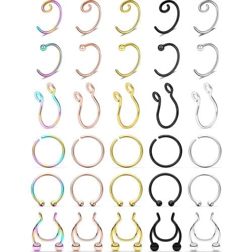30Pcs Fake Septum Piering Nose Hoop Rings Faux Lip Ear Nose Septum Ring Non Piercing Clip On Nose Hoop Rings Body Jewelry