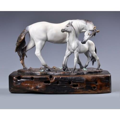 43CM large HOME office Company SHOP TOP GOOD Bronze Sculpture art GOOD LUCK Mascot white HORSES mother and son Decorative statue