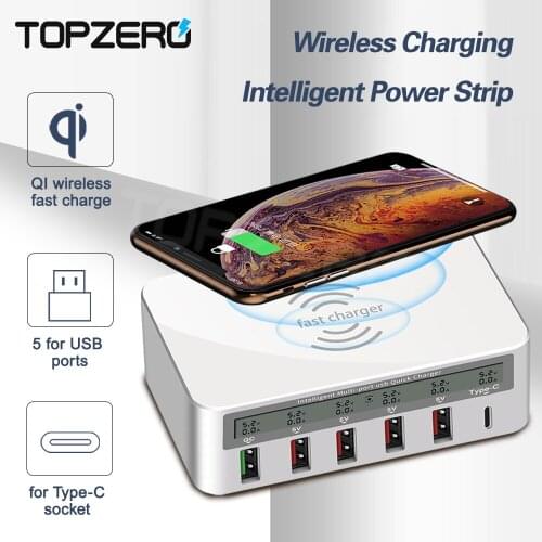 6 in 1 Qi Draadloze Usb Lader 40W QC3.0 Type C Snel Opladen Adapter Unversal 6 Poorten Lcd Intelligente Usb Charger station