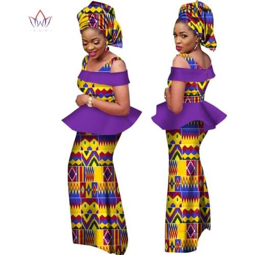African Dresses for Women 2020 Dashiki Off the Shoulder Africa clothing Set & Headtie Traditional African Clothing WY1985