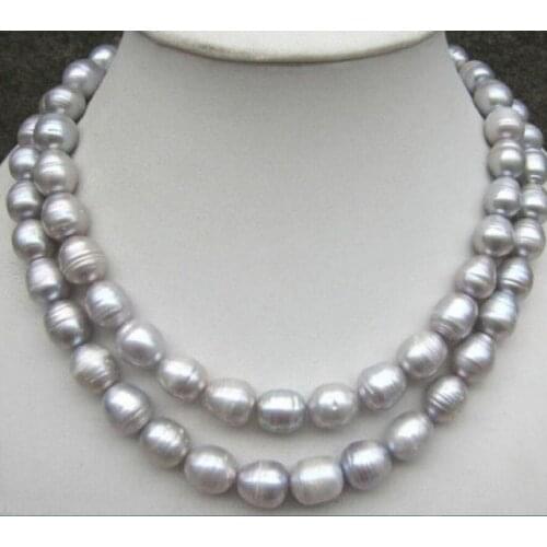 Free Shipping 32" AAA 9-10mm natural tahitian silver gray pearl necklace yellow gold clas