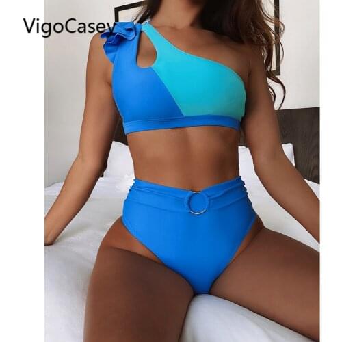 VigoCasey High Waist Bikini 2021 New Sexy One Shoulder Swimwear Women Swimsuit Female Push Up Bikini Set Patchwork Bathing Suits