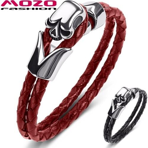 MOZO FASHION 2020 Men Jewelry NEW Hot Black Genuine Leather Bracelet Stainless Steel Punk Skull Charm Simple Women Bracelet 517