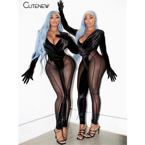 Cutenew Y2K Sexy Mesh See Through Patchwork V-Neck Long Sleeve Jumpsuit Women One Piece Clothing Hipster Midnight Party Clubwear