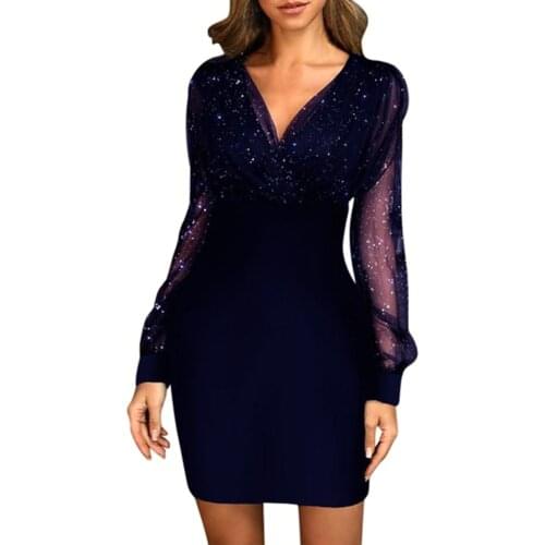 Women Glitter Semi Sheer Mesh Bodycon Dress V-neck Long Sleeve Solid Black Elegant Spring Fall Party Mini Dress