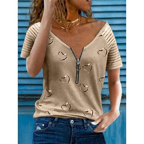 Loose T Shirts Womens Printed T Shirt V Neck Zipper Casual Cotton Short Sleeve Top Summer Fashion Sexy Plus Size Clothing