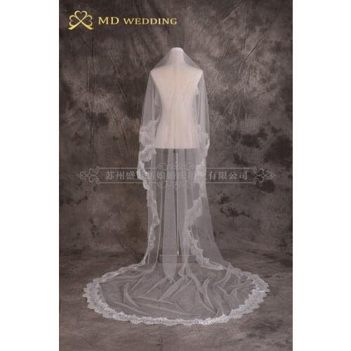 Hot Sale White/Ivory Lace Appliqued One Layer Cathedral Length Bridal Veil Wedding Veil Comb Mantilla Wedding Accessories MD3010