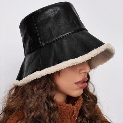 Hirigin Fashion Women Lamb Wool PU Bucket Hat Warm Autumn Winter Casual Style PU Leather Cap for Female Outdoor Caps