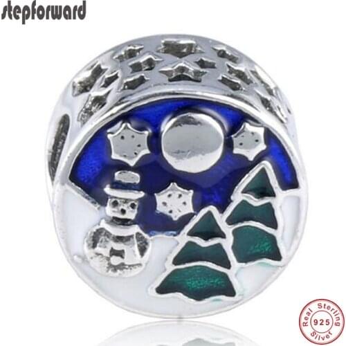 Fashion Popular Blue Enamel Snow-covered Landscape Series 925 Sterling Silver Snowman Charm fit for Bracelet