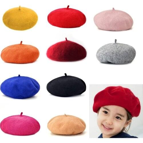 Autumn Winter Solid Color Vintage Berets Cap Round Soft Woolen French Artist Beanie Hat for Girls Children Hat Fashion Accessory