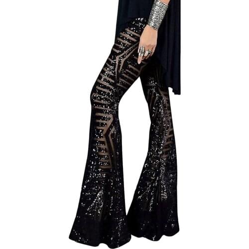 Sexy Black Silver Sequin Glitter Wide Leg long Flare Pants High Waist Party Club Trousers Pants Outfit Streetwear Bell Pant