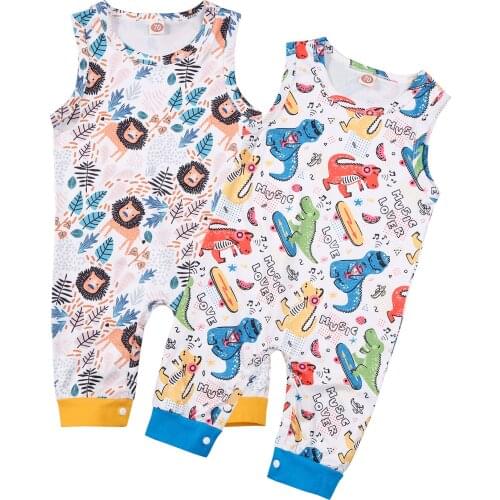 Newborn Baby Girls Boys Casual Jumpsuit Summer Sleeveless Lion/Dinosaur Print Round Neck Romper Childrens Pants Baby Clothes