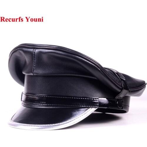 Luxury Winter Genuine Leather Hat Men Male Germany Officer Visor Cap Locomotive Retro German Military Hat Cortical Casquette