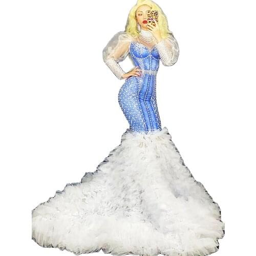 Mesh Long Trailing Dress Pearl Decoration Lantern Sleeve Turtleneck Party Evening Costume Stage Costumes For Women Stage Wear