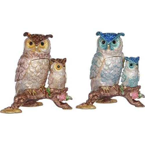 Owl and baby bejeweled trinket box crystal jewelry ring holder home decor birthday gift collectibles hinged keepsake box