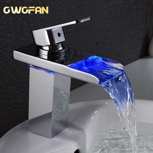 Basin Faucets Waterfall LED Light Basin Tap for Bathroom Torneira Led Chrome Finish Deck Mount Polished Sink Mixer Taps S79-325