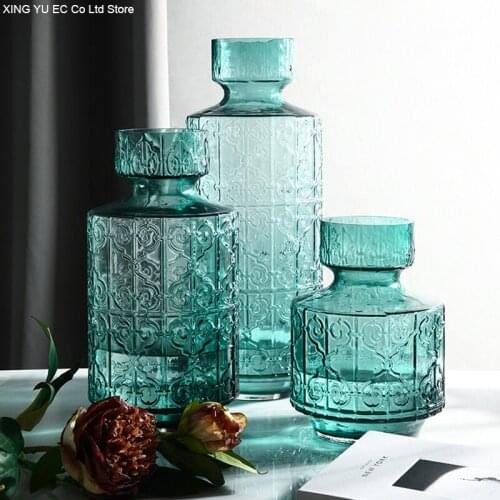 Nordic Glass Vase Ornaments Flower Arrangement Dried Flower Accessories Transparent Blue Hydroponic Vase Modern Home Decoration