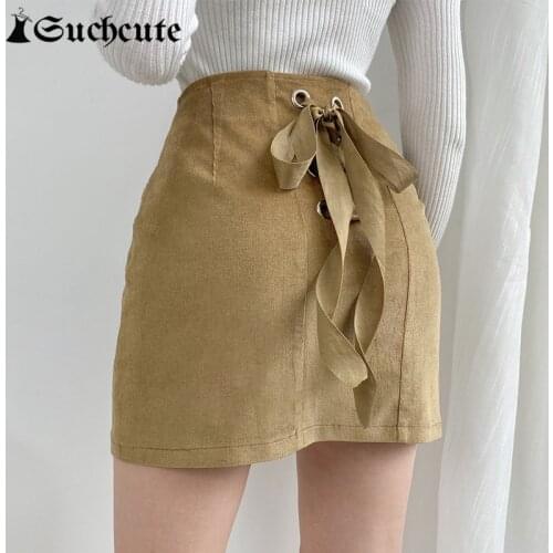 SUCHCUTE Back Lace Up Straight Skirt For Women Streetwear Fashion High Waist Mini Skirt Preppy Style Casual Basic 90s Outfits