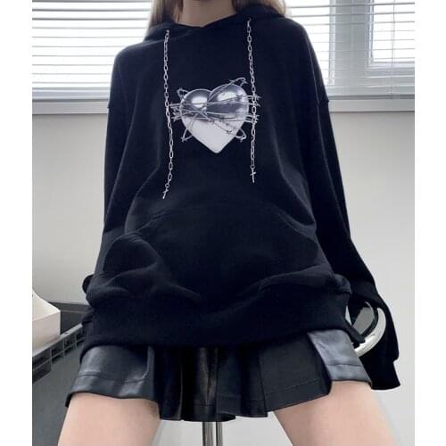Harajuku Sweatshirts Gothic Punk Women Hoodies Oversize Hip Hop Streetwear Vintage Black Loose Hooded Pullover Sweatshirts