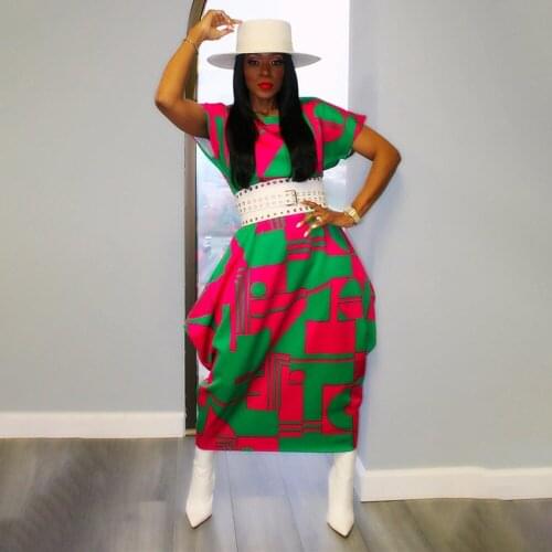 S-5XL Geometric Pattern Plus Size Party Dress Women Fashion Round Neck Short Sleeve Bandage Dress Streetwear Female Loose Dress