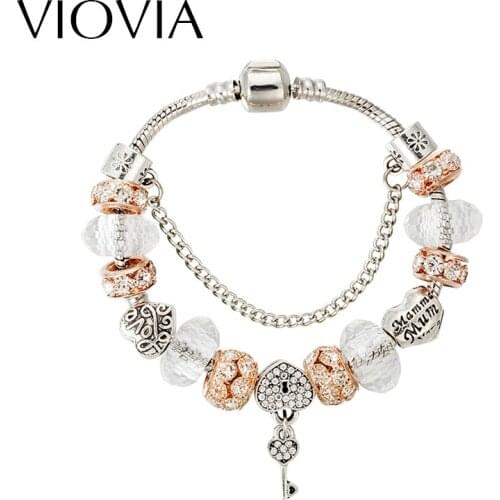 VIOVIA Key & Lock Charm Bracelets & Bangles Fashion Love Heart Beads Bracelets For Women Gift Jewelry B16044