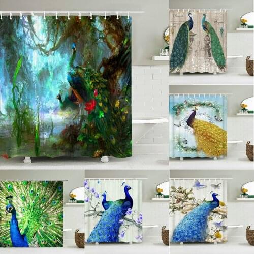 Peacocks Shower Curtains Chinese Birds Feather Bathroom Curtains 3d Retro Flower Waterproof Polyester Bath Screen With Hooks