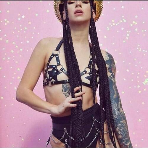 Womens Ladies Faux Leather Metal Ring Chain Harness Sexy Club Party Leather Bralette Body Harness Rivet Bra Summer Beach Wear