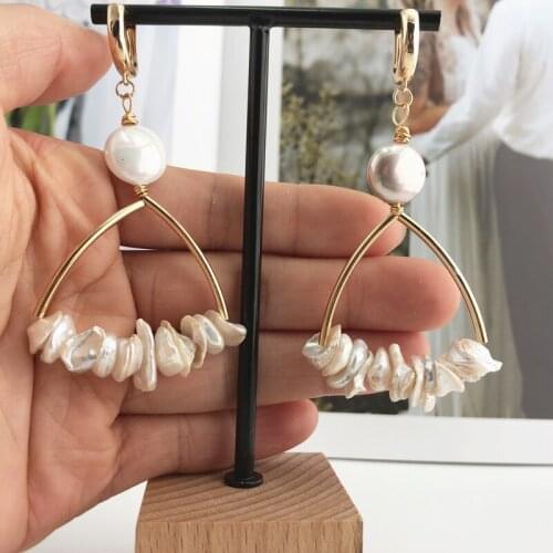 2019 trendy freshwater semi-baroque pearl drop earrings statement triangle clip on earrings best party jewelry for women