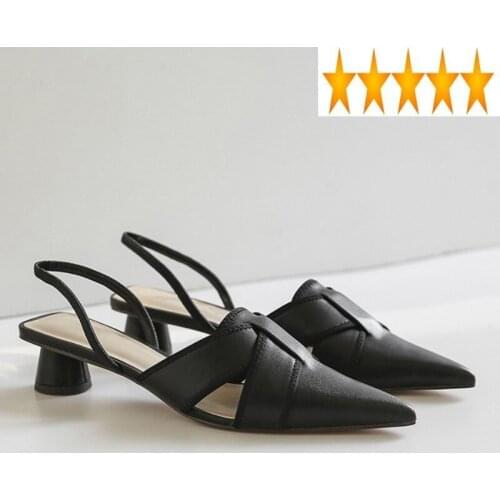 Pointed Toe Summer Shoes Vintage Women 100% Real Leather Party Black/Yellow Hoof Thick Heels Sandals Cross-tied Runway Pumps