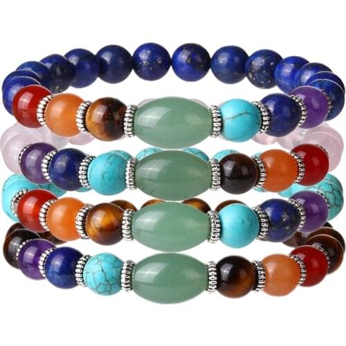 Women Energy Stone Bracelet Rainbow 7 Chakra Healing Balance Natural Amethysts Quartz Turquoises Lava Reiki Stone Yoga Bracelets