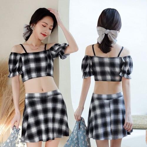 2021 Korean Sexy Two Pieces Bikini Set Women Swimsuit Push Up Swimwear Bikini Plaid Bathing Suit Swim Wear Beach Swimming Skirt