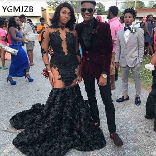 Sexy Prom Dress Black 2019 Mermaid Long Sleeves Flowers Lace African Black Girls Graduation Dress Formal Evening Party Gowns