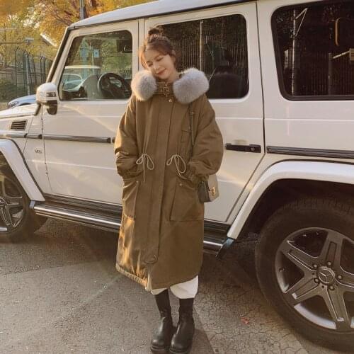 Winter Coat Jacket Female Liner Imitation Rabbit Fleece Thick Long Hooded Tooling Pockets Windproof High-quality Womens Cotton