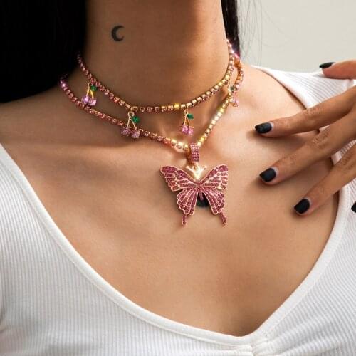 AITIEI Iced Out Bling Butterfly Cherry Pendant Necklace Double Layer Cubic Tennis Chain Necklace Bracelet Women Hip Hop Jewelry