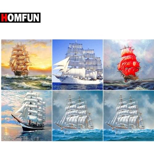 HOMFUN DIY Diamond Painting "Sailboat sea sky" Full Drill Square Round Diamond Embroidery 5D Cross Stitch Decoration Home