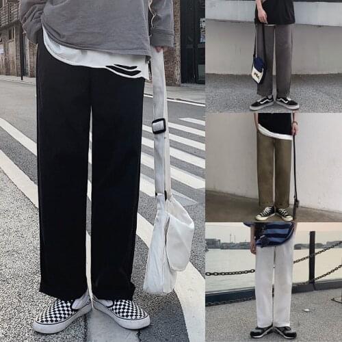 Mens Solid Color Loose Cargo Pants Korean Casual Fashion Harajuku Streetwear Straight-leg Pants Mens Retro Drape Wide-leg Pants