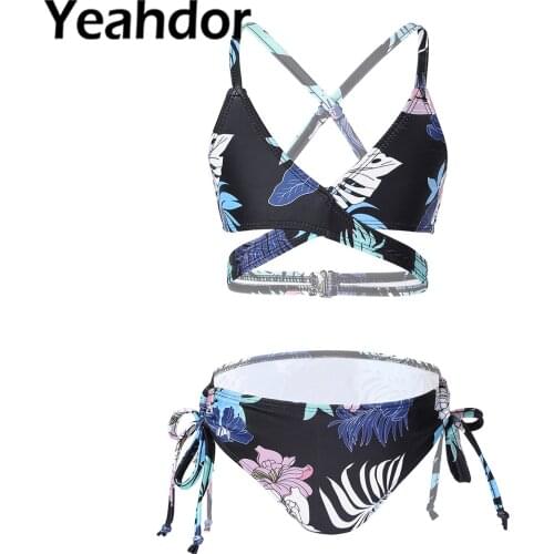 Kids Girls Floral Print Swimwear Bikini Set Adjustable Spaghetti Shoulder Straps Criss Cross at Rear Swimsuit Swimming Beachwear