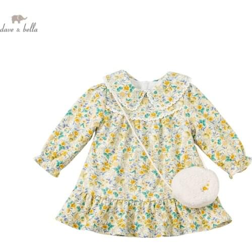 DBM19745 dave bella winter baby girls fashion floral print dress with a small bag party dress kids infant lolita 2pcs clothes