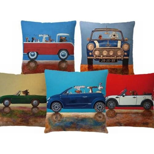 Hot Sale Pillow Case Lovely Cartoon Dog Driving Car Vintage Almofadas 45X45CM Linen Pillow Decorative Linen Cushion Cover