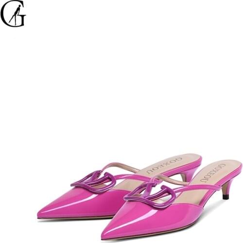 GOXEOU Womens Slippers Purple Patent Leather Pointed Toe Metal Decorative Ribbon 4 CM High Heels Fashion Lady sandals Size35-37