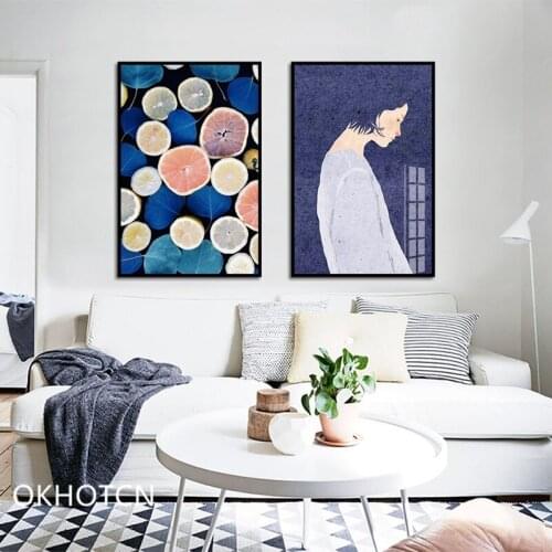 Canvas Nordic Style Pictures Lemon Leaves Quiet Girl Wall Art Modular Home Decoration Painting Prints Poster for Living Room