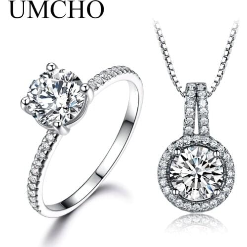 UMCHO Real 100% 925 Sterling Silver Rings Necklaces Pendants Elegant Engagement Wedding Jewelry Sets For Brides Fine Jewelry
