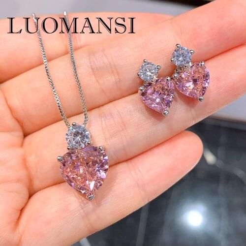 Luomansi Hot Sale Pink High Carbon Diamond Heart Shaped 925 Silver Jewelry Set Pendant Necklace Pendant Earrings Woman Party Set